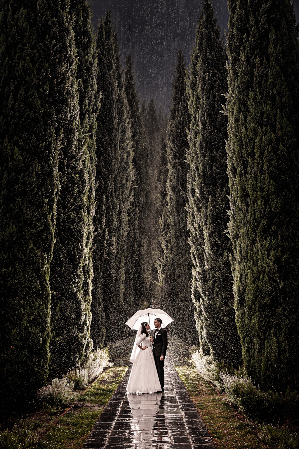 Bride and groom under an umbrella in the rain between tall cypress trees at night, photographed by Shimmy Lautman